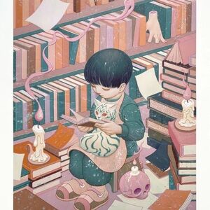 Whimsical Art Print with Child and Cat